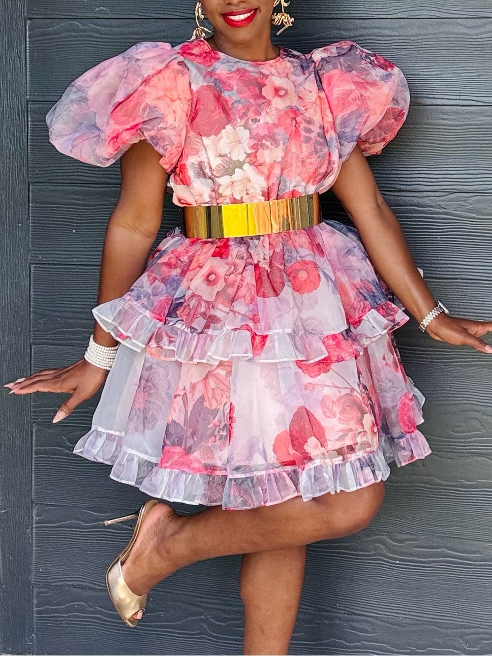 ASOS Pink Floral Puff-Sleeve Mini Dress
